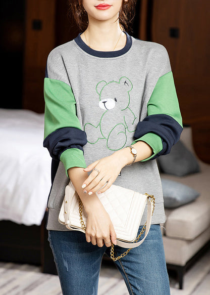 Grey O-neck Embroidered Patchwork Cotton Sweatshirt Long Sleeve