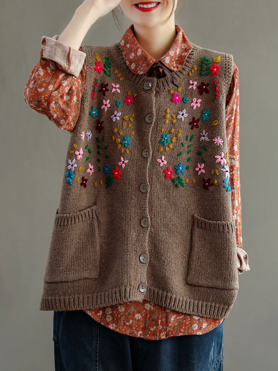 Embroidery Cotton Baggy Cardigan Vest