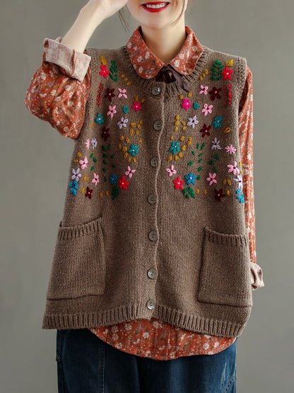 Embroidery Cotton Baggy Cardigan Vest