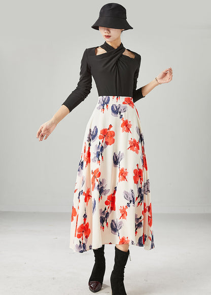 Apricot High Waist Print Chiffon a Line Skirts Summer