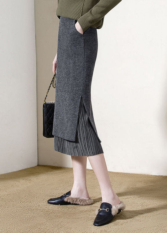 Grey High Waist Patchwork Side Open Woolen Wraped Skirts Winter