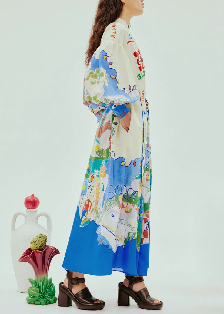 Stand Collar Print Button Long Dress Lantern Sleeve