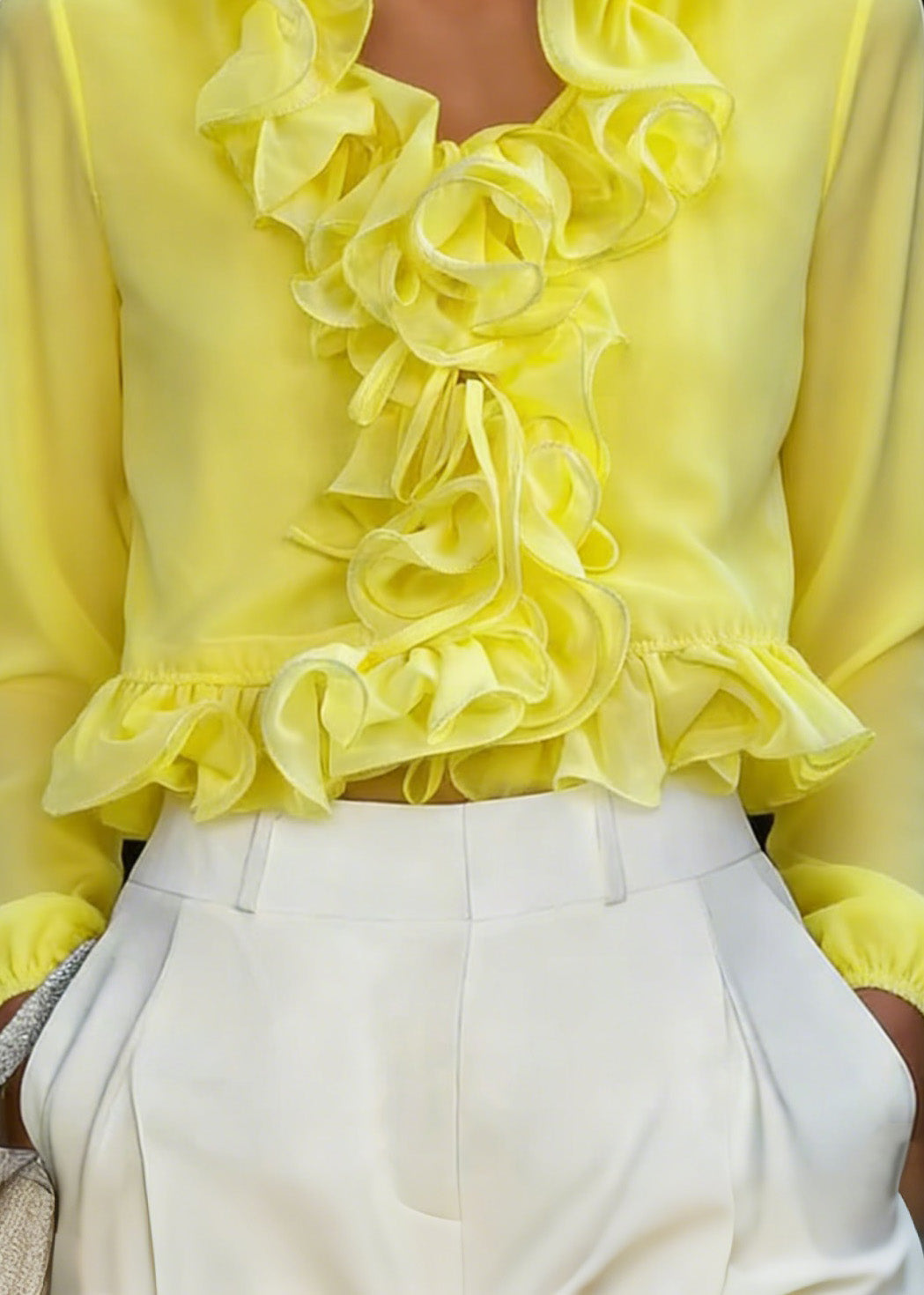 Fine Yellow Ruffled Patchwork Chiffon Top Spring