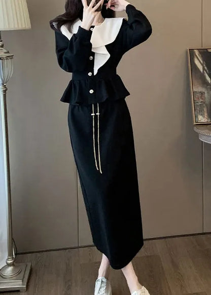 Stylish Black Ruffled Tops and Skirts Elastic Waist Cotton Two Pieces Set Spring