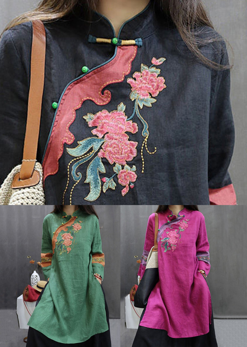New Rose Stand Embroidered Button Collar Linen Blouses