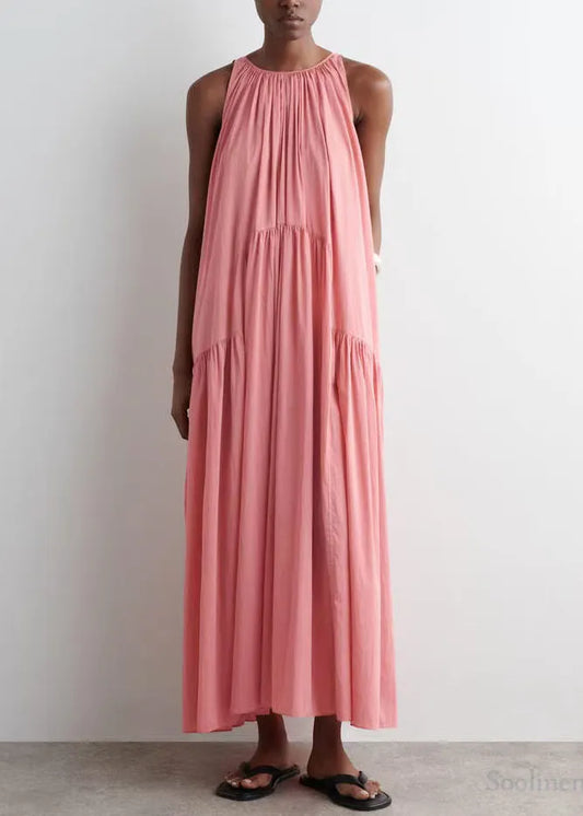 Pink Cold Shoulder Wrinkled Cotton Sundresses Summer