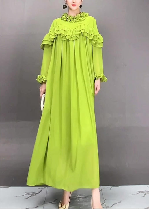 Loose Green Ruffled Chiffon Long Dress Fall