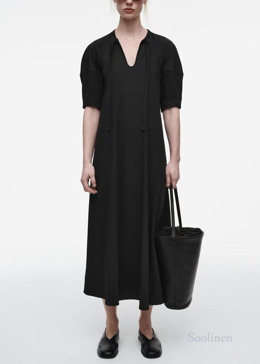 Black Puff Sleeve Tie Waist Cotton Party Dress