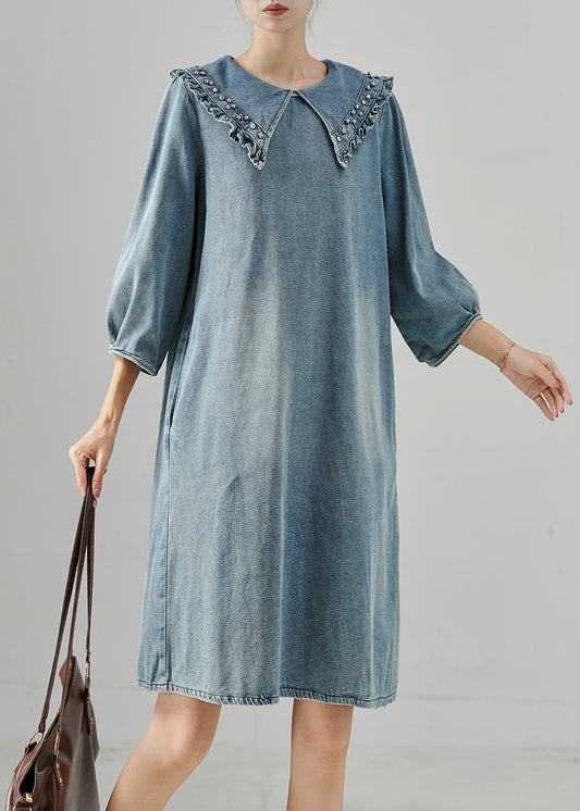 Blue Peter Pan Collar Rivet Denim Day Dress Bracelet Sleeve