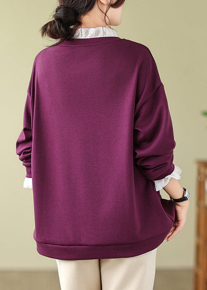 Purple Lace Patchwork Warm Fleece Sweatshirts Spring