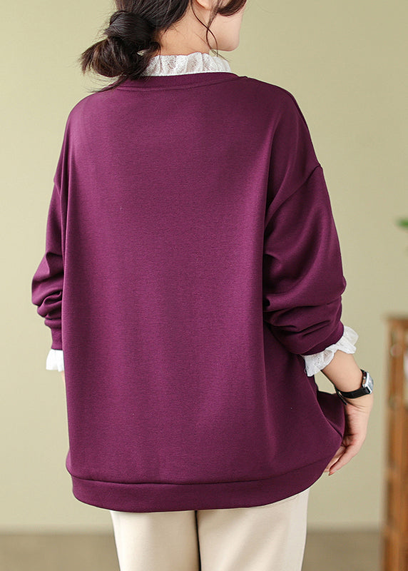Purple Lace Patchwork Warm Fleece Sweatshirts Spring