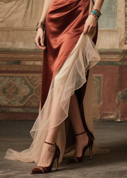 Chocolate Cold Shoulder Patchwork Silk Dinner Dress Summer