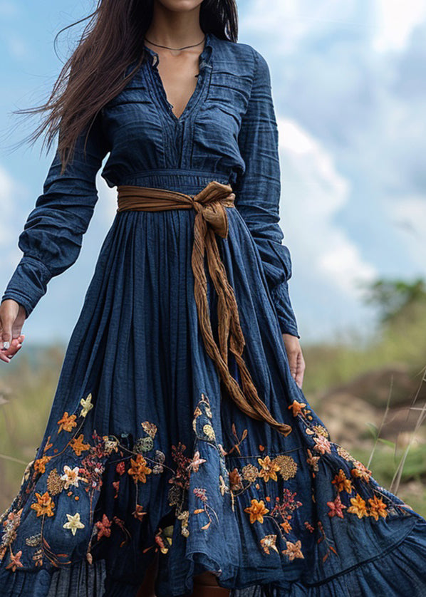 Pastoral Blue Print Wrinkled Patchwork Cotton Ankle Dress Spring