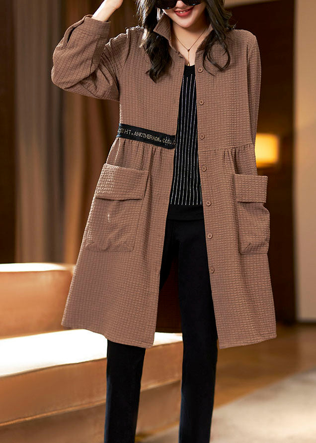 Coffee Peter Pan Collar Pockets Plaid Patchwork Long Coats Long Sleeve