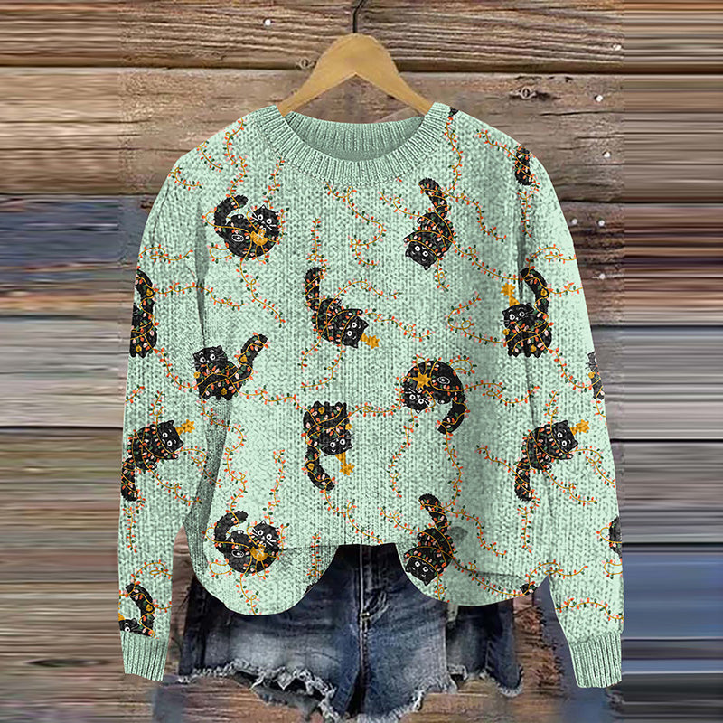 Vintage Christmas Cute Cat Cozy Crew Neck Sweater elevenforest