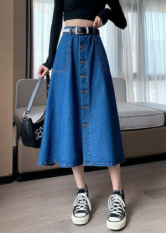 Navy Elastic Waist Button Exra Large Hem Cotton Denim Skirt Summer