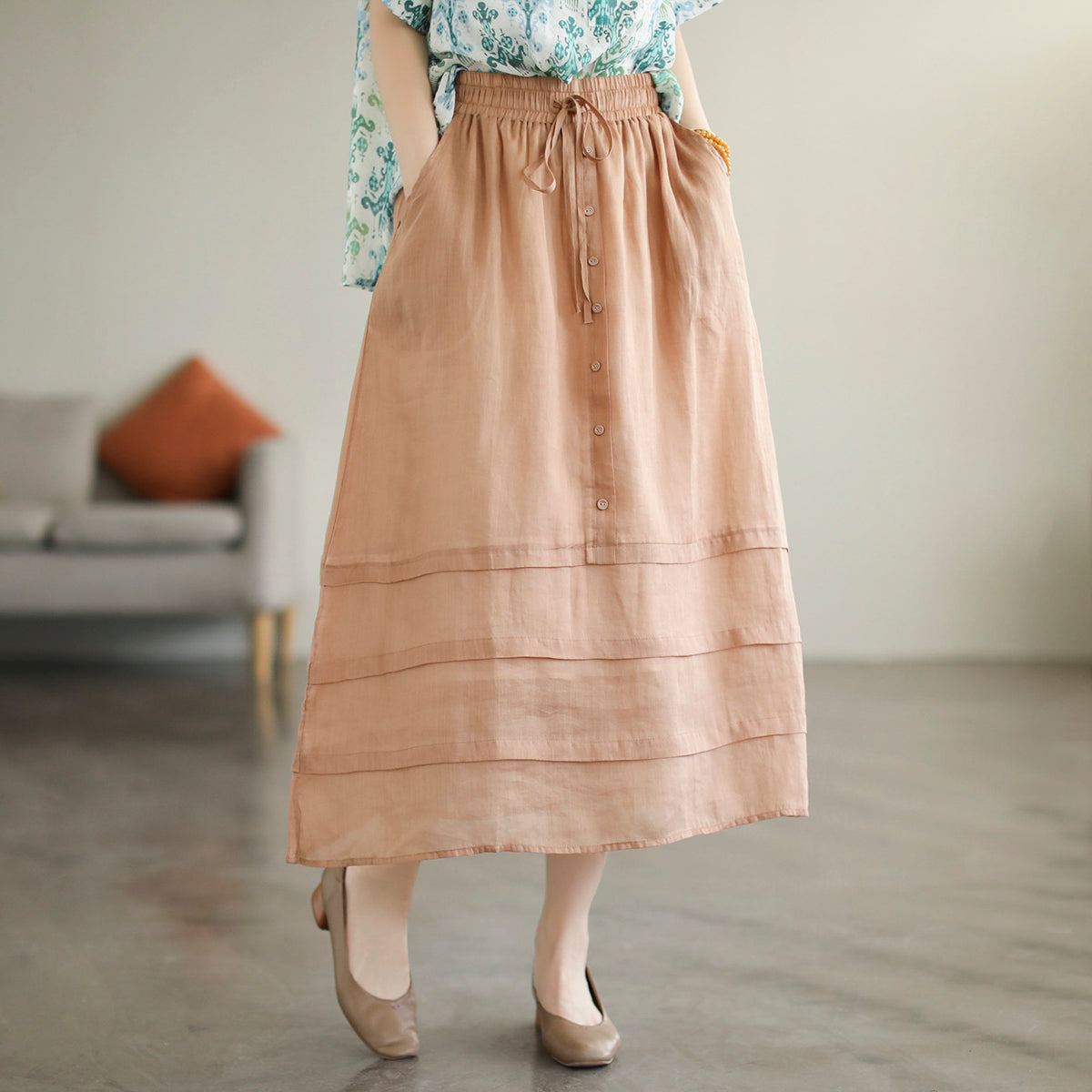 Retro A-line Cozy Patchwork Linen Skirt