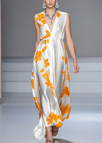 White V Neck Print Silk Summer Dress Sleeveless