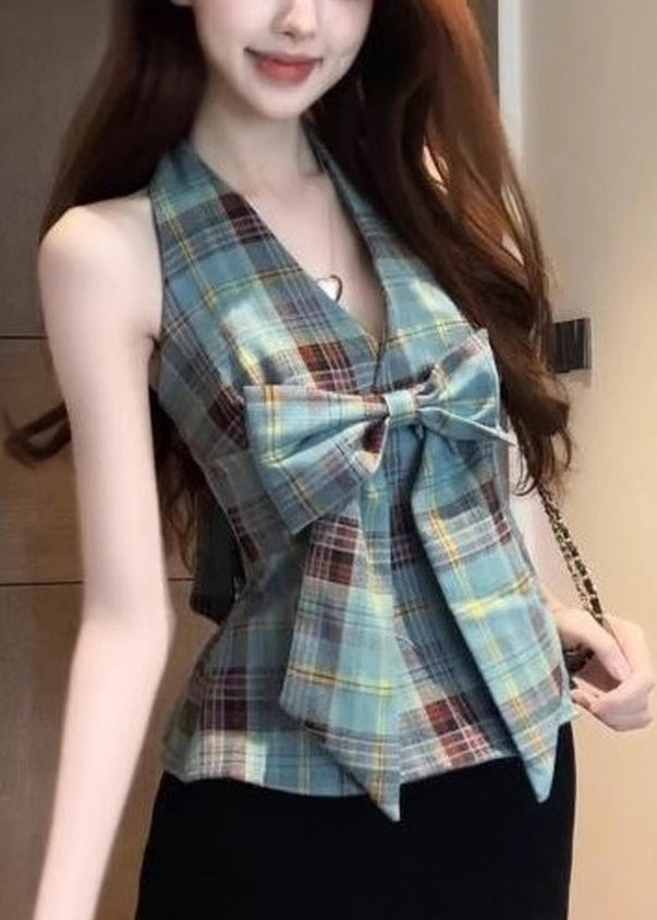 Green Backless Plaid Halter Vests Summer
