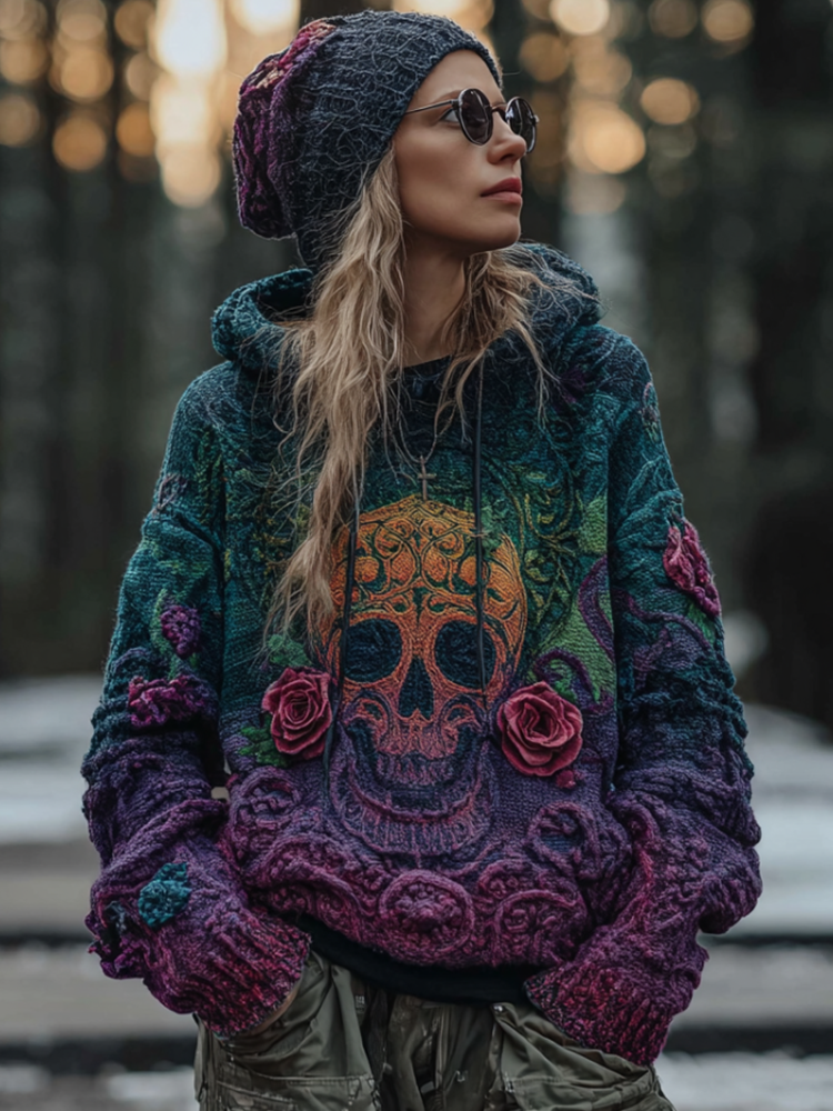 Comstylish Women's Gradient Color Hooded Long Sweater With Viking Style Tribal Totem