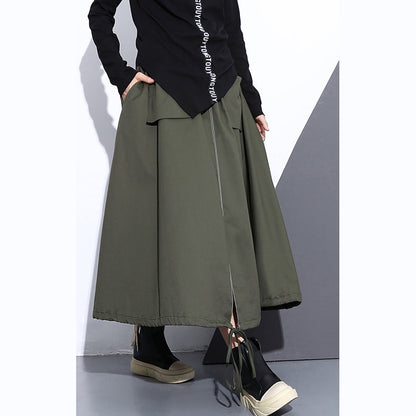 Fine Army Green Natural Cotton Skirt Oversize a Line Skirts Traveling Boutique Pockets Drawstring Cotton Skirt