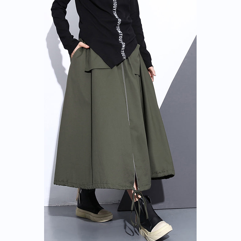 Fine Army Green Natural Cotton Skirt Oversize a Line Skirts Traveling Boutique Pockets Drawstring Cotton Skirt