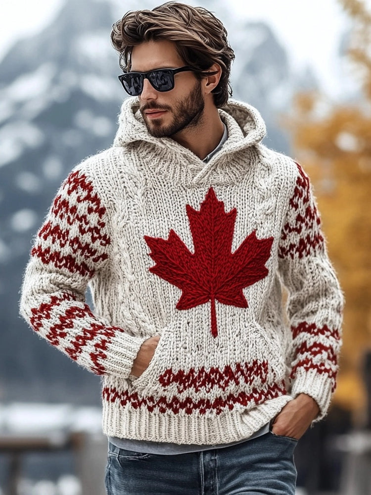 Men's Maple Leaf Embroidered Cozy Knit Hooded Sweater elevenforest