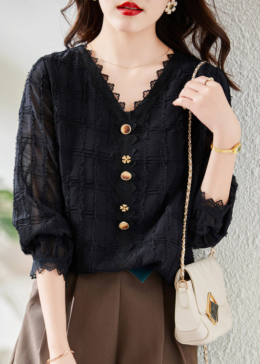 Black V Neck Lace Patchwork Chiffon Shirt Top Fall