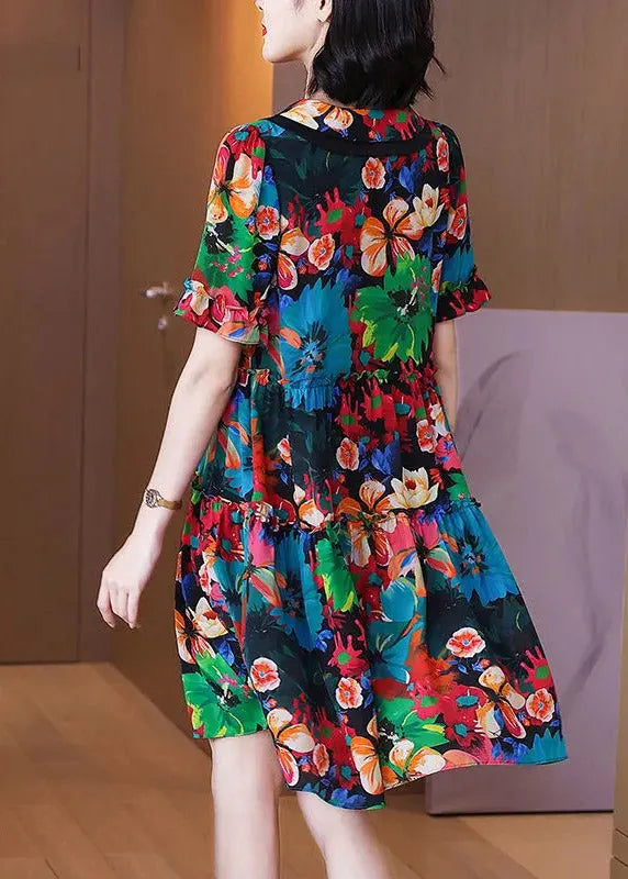 Peter Pan Collar Print Pockets Wrinkled Silk Mid Dresses Short Sleeve