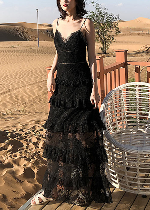 Black Backless High Waist Lace Spaghetti Strap Dress Sleeveless