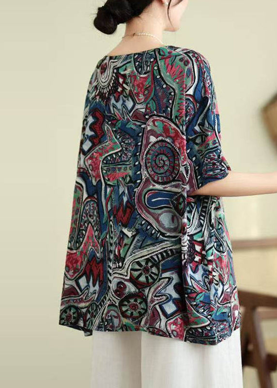 Loose Blue O-neck Print Shirt Top Summer
