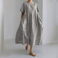 Vintage Art Cat Embroidery Linen Crew Neck Dress
