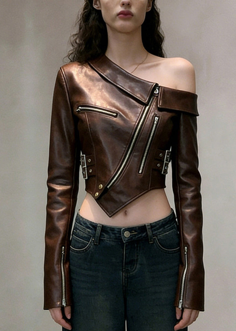 Brown One Shoulder Bare Midriff Faux Leather Coats Spring