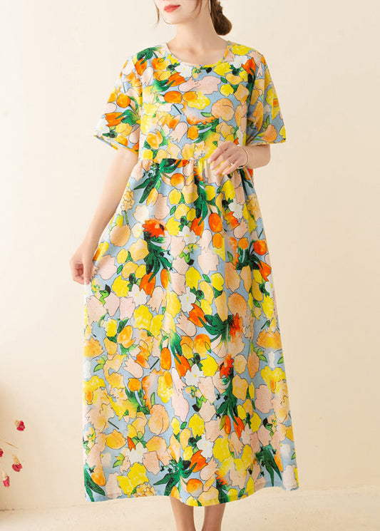Italian Yellow Print Tunics O Neck Patchwork Loose Summer Dresses
