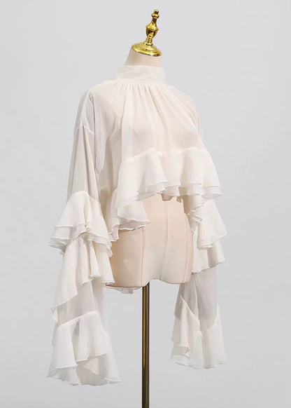 Beige Hign Neck Ruffled Patchwork Tulle Top Flare Sleeve