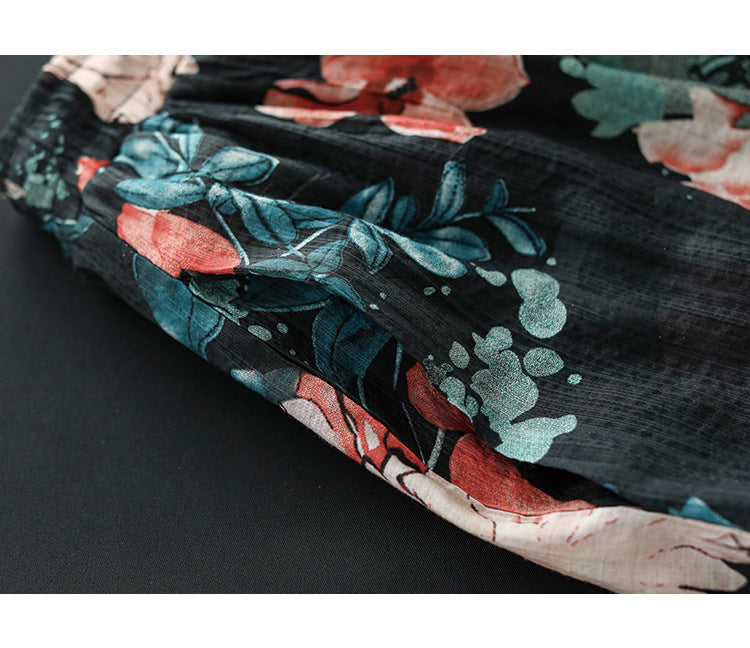 Literary Tencel Linen Print Slim A-line Skirt
