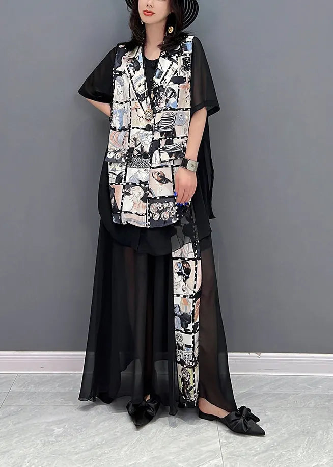 Black Notched Print Patchwork Chiffon Coats and Skirts Two Pieces Set Fall