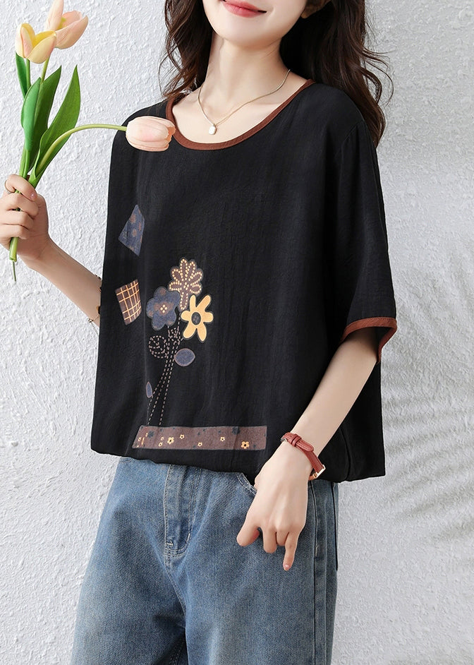 Black O Neck Print Lace Up Cotton T Shirt Summer