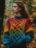 Women's Irish Rainbow Pattern Jacquard Pocket Cozy Sweater elevenforest
