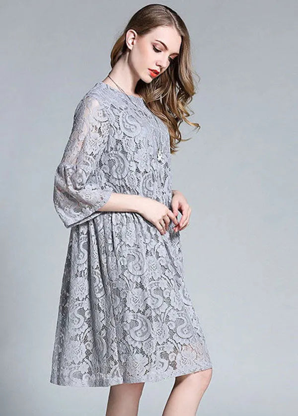 Grey O-neck Patchwork Lace Maxi Dresses Bracelet Sleeve