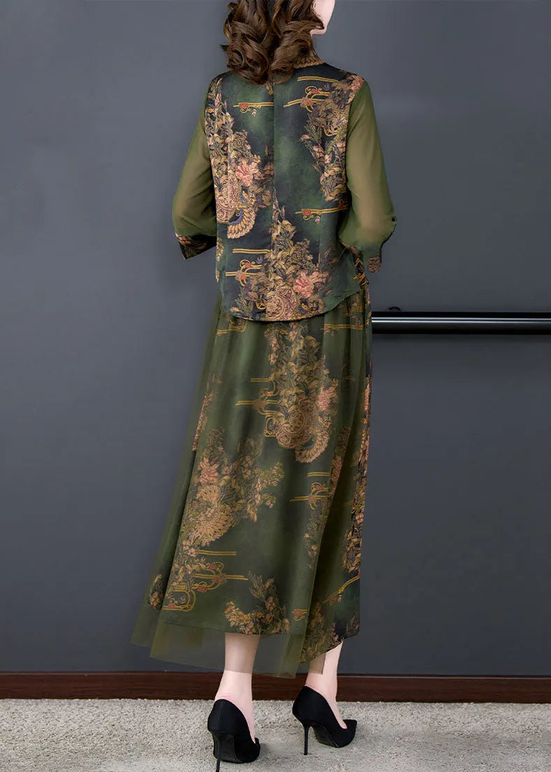 Retro Green Stand Collar Print Tops and Skirts Patchwork Silk Two Piece Set Summer