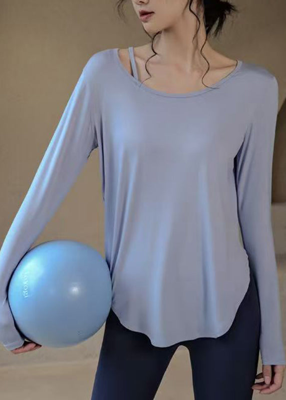 Loose Blue O-neck Patchwork Yoga Top Fall