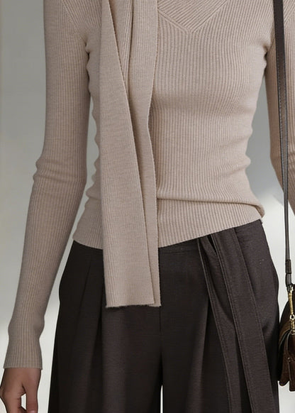 Light Camel Cozy Knit Sweater Bow