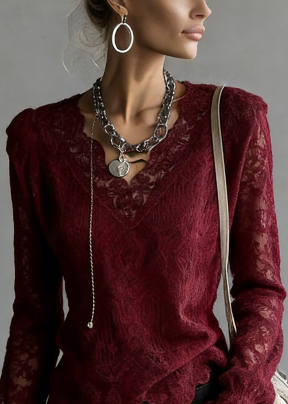 Slim Fit Wine Red V Neck Top Flare Sleeve