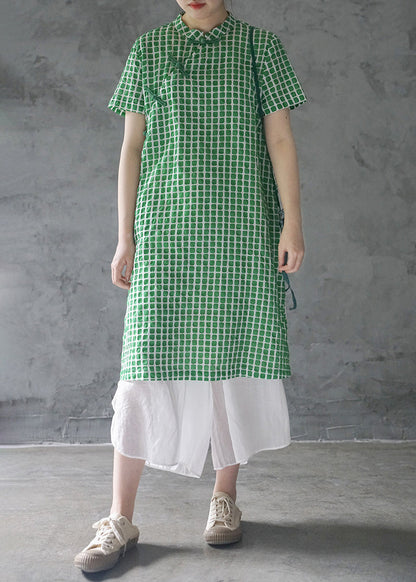 Green Mandarin Collar Button Plaid Cotton Dresses Short Sleeve