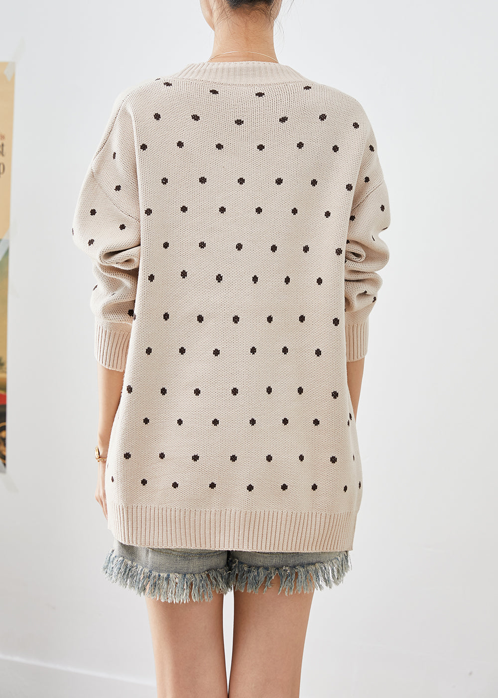 Beige Embroidered Knit Loose Coat Winter