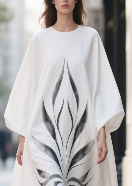 White Oversized Print Chiffon Dress Lantern Sleeve