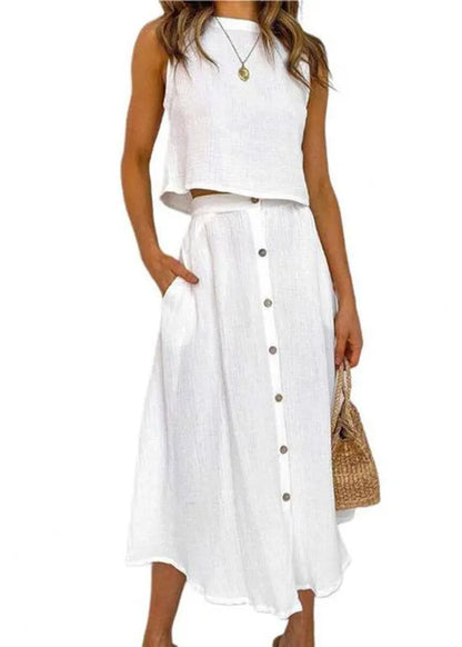 Brief Blue O-neck Top and Maxi Skirts Two Pieces Set Summer