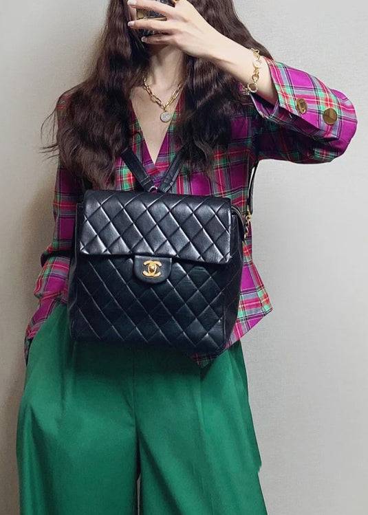New Plaid Tops and Green Pockets Pants Cotton Two Piece Set Fall