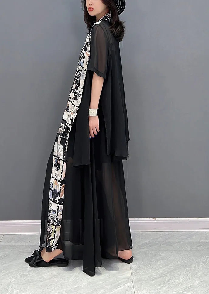 Black Notched Print Patchwork Chiffon Coats and Skirts Two Pieces Set Fall